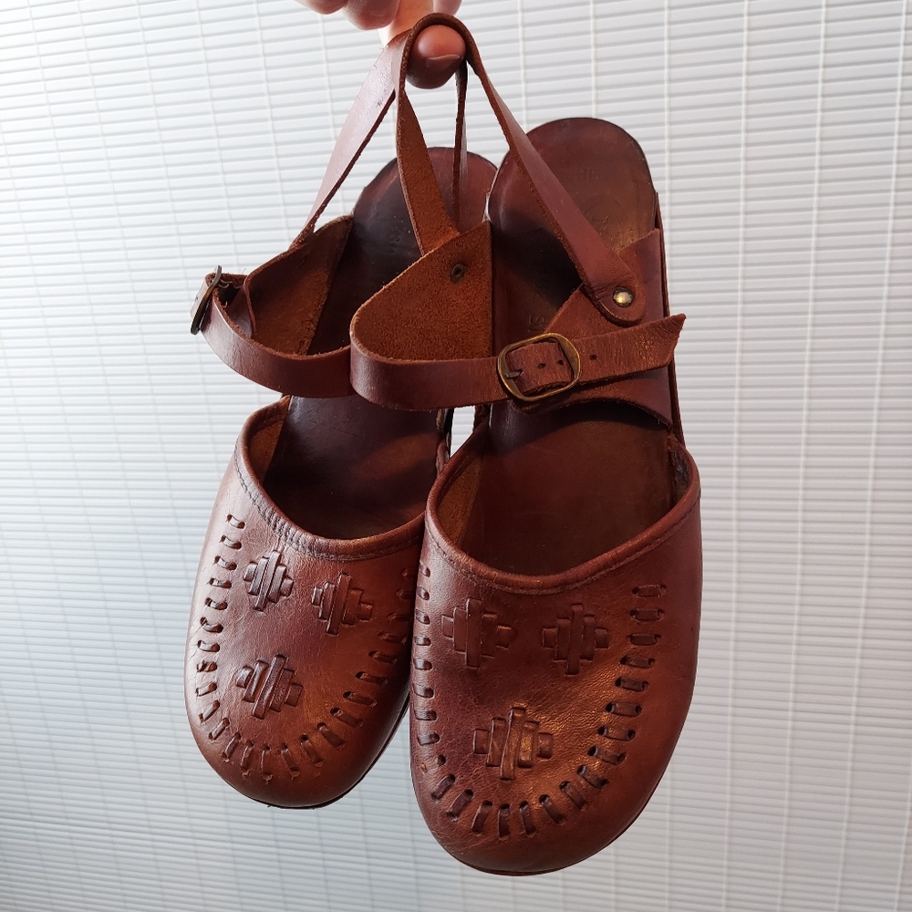 Vintage Brazilian Leather Wood Clogs w/ Ankle Strap 9 Nobil's Made in Brazil